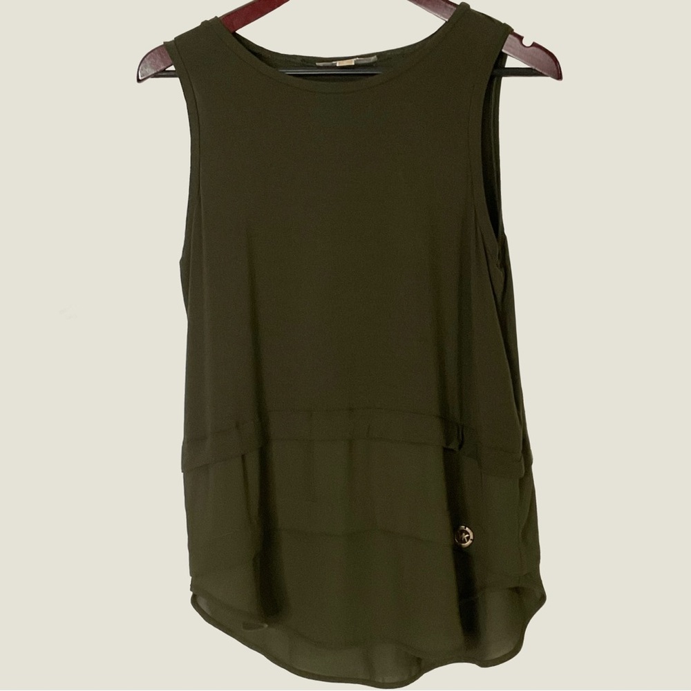 Michael Kors Army Green Sheer Layered Panels; Logo Emblem Tank Top; Size Medium